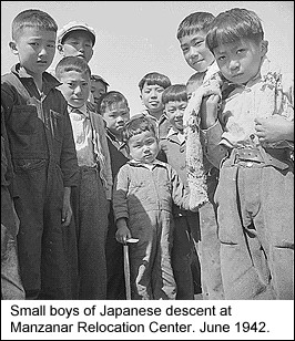 Small boys of Japanese descent at Manzanar Relocation Center. June 1942.