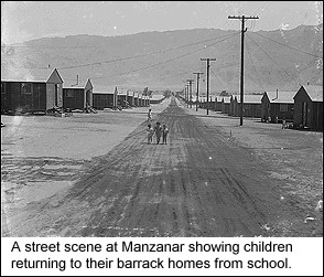 A street scene at Manzanar showing children returning to their barrack homes from school.