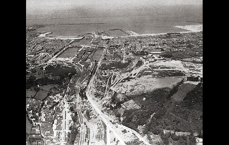 The city and port of Cherbourg, final objective of the U.S. 7th Corps, as it appeared on July 6, 1944, one month after D-Day. The port was heavily damaged by the Germans. Despite this, the first supplies were brought ashore by Americans on July 16th.