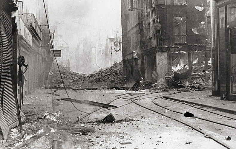 The city of Caen, a key objective of British and Canadian troops, amid an intensive bombardment.

