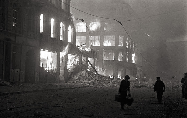 Berlin, capital of Hitler's Reich, is ablaze amid one of numerous Allied air raids. The city was 80-percent destroyed during the war and was the scene of Hitler's death by suicide in May 1945.
