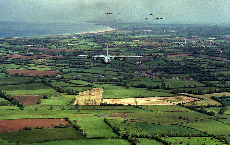 An American practice flyover at Normandy in preparation for 50th anniversary observances.
