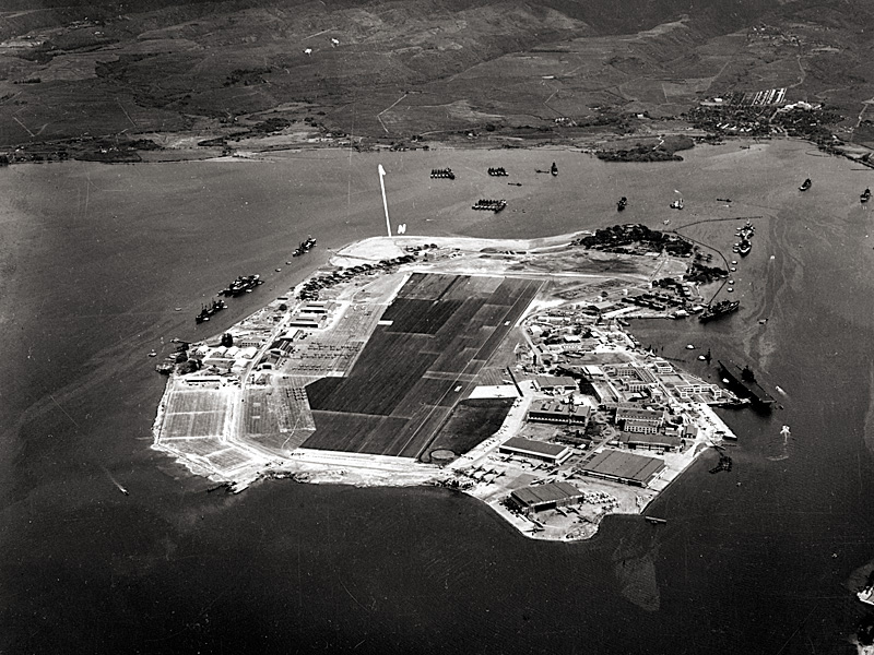Ford Island in October 1941. The Naval Air Station occupies most of the island, with the seaplane base seen on the lower right.