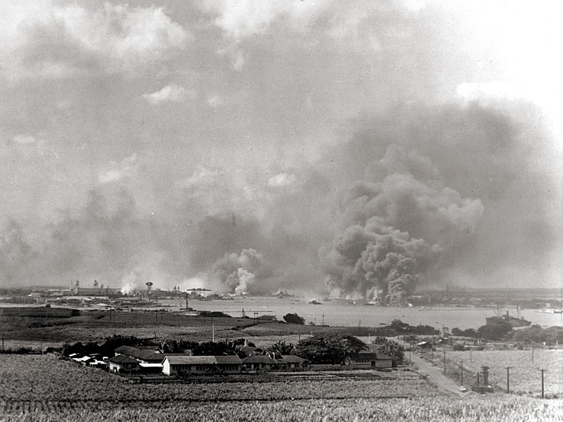 View of the Pearl Harbor Navy Yard from nearby Aiea during the Japanese air raid. 
