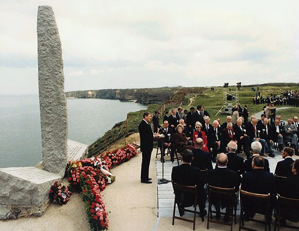 President Reagan speaking on the 40th Anniversary of D-Day at Pointe du Hoc, Normandy, France. 6/6/84.