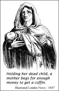 Holding her dead child, a mother begs for enough money to get a coffin.