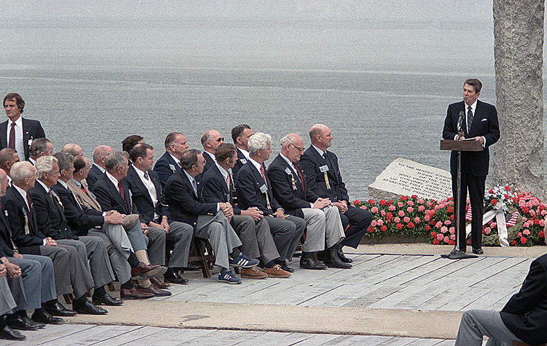 Veteran Army Rangers listen to a speech by President Ronald Reagan on the 40th Anniversary of D-Day at Pointe du Hoc, Normandy, where they had scaled the rocky cliffs to protect Omaha Beach.