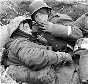 Young replacements huddle in a foxhole on the Russian Front in early 1942--now out of the Hitler Youth and in the German Army--and soon to face the ferocious Red Army. 